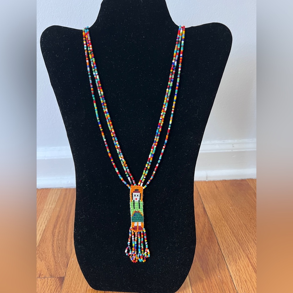 Vintage Beaded Necklace multistrand Rainbow seed Beads Female Figure pendant